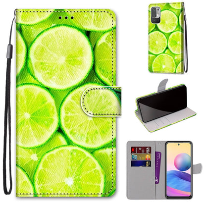 Bright lime green fruit pattern PU leather flip phone wallet case with card slots and lanyard