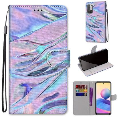 Blue and pink marbled PU leather flip phone wallet case with card slots and lanyard