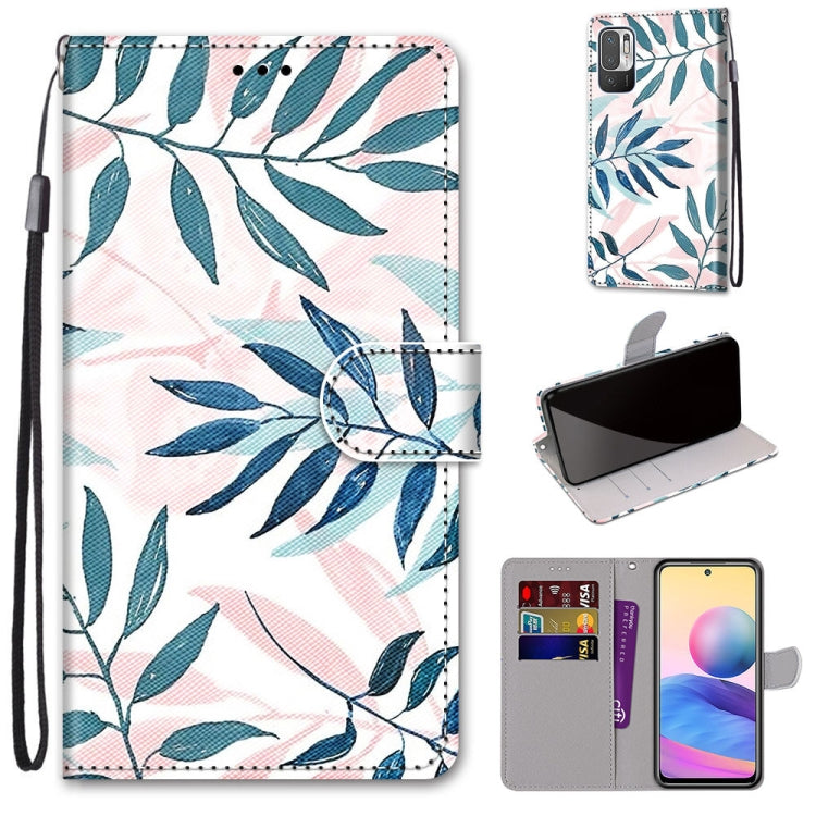 Phone wallet case with PU leather flip cover, wrist strap, and teal leaf pattern; card slots.