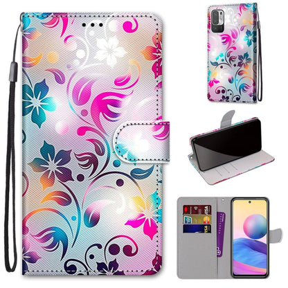 Phone wallet case with PU leather flip cover, wrist strap, and colorful floral swirls; card slots.
