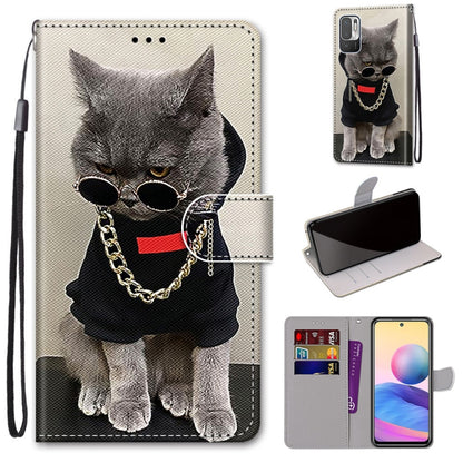Phone wallet case with PU leather flip cover, wrist strap, and gray cat portrait; card slots included.