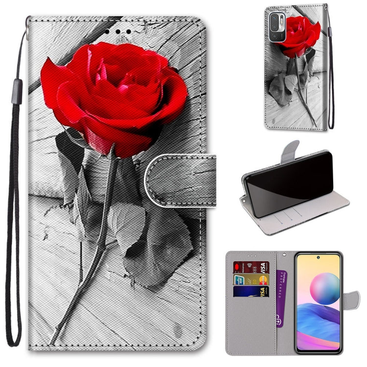 Phone wallet case with PU leather flip cover, wrist strap, and red rose photo print; card slots.