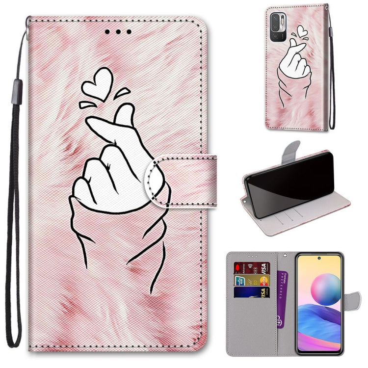 Phone wallet case with PU leather flip cover, wrist strap, and heart hand doodle; card slots.