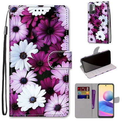 Phone wallet case with PU leather flip cover, wrist strap, and purple white daisy floral; card slots.