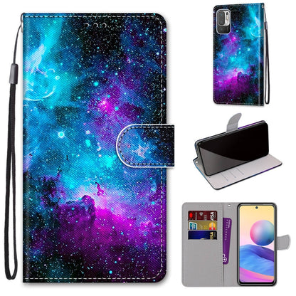 Galaxy blue-purple flip PU leather phone wallet case with card slots and wrist strap