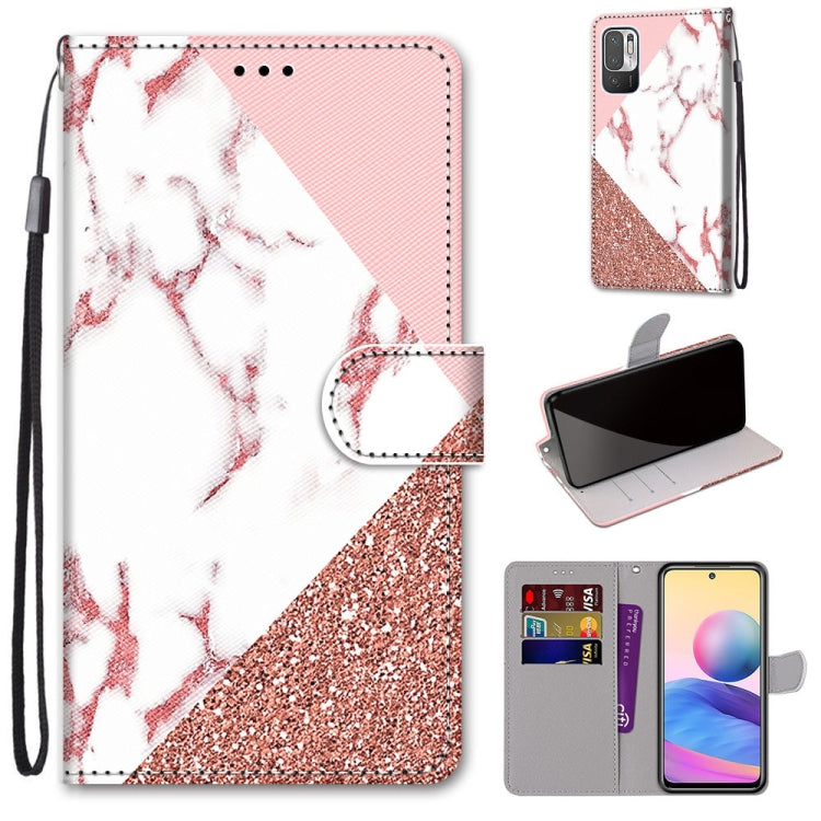 Glitter marbled pink-white flip PU leather phone wallet case with card slots and strap