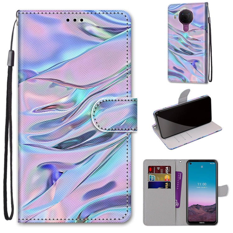 Pastel iridescent swirl phone wallet case with flip cover, card slot, and wrist strap.