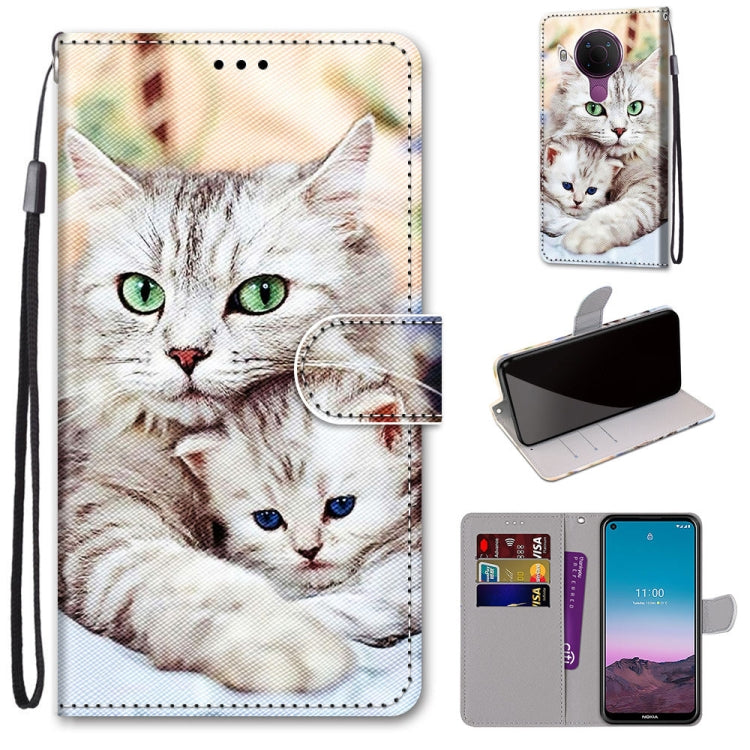 Cat-pattern PU leather phone wallet case with wrist strap, card slots, flip cover