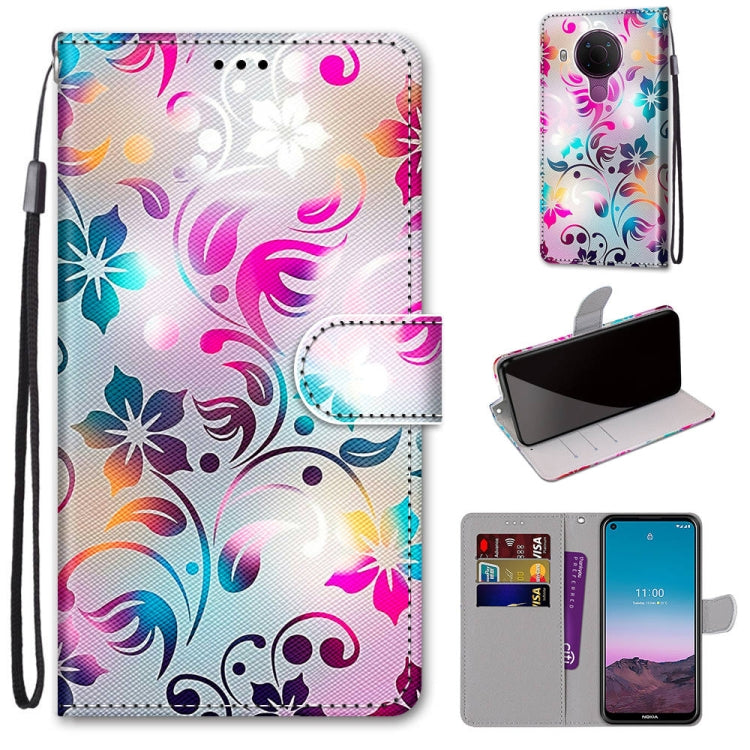 Colorful floral PU leather phone wallet case with wrist strap, card slots, flip cover