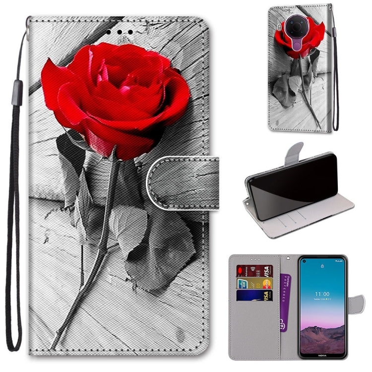 Red rose sketch PU leather phone wallet case with wrist strap, card slots, flip cover