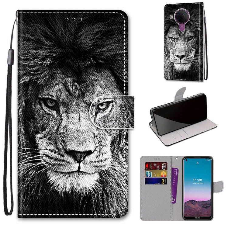 Black-and-white lion face PU leather phone wallet case with wrist strap, card slots