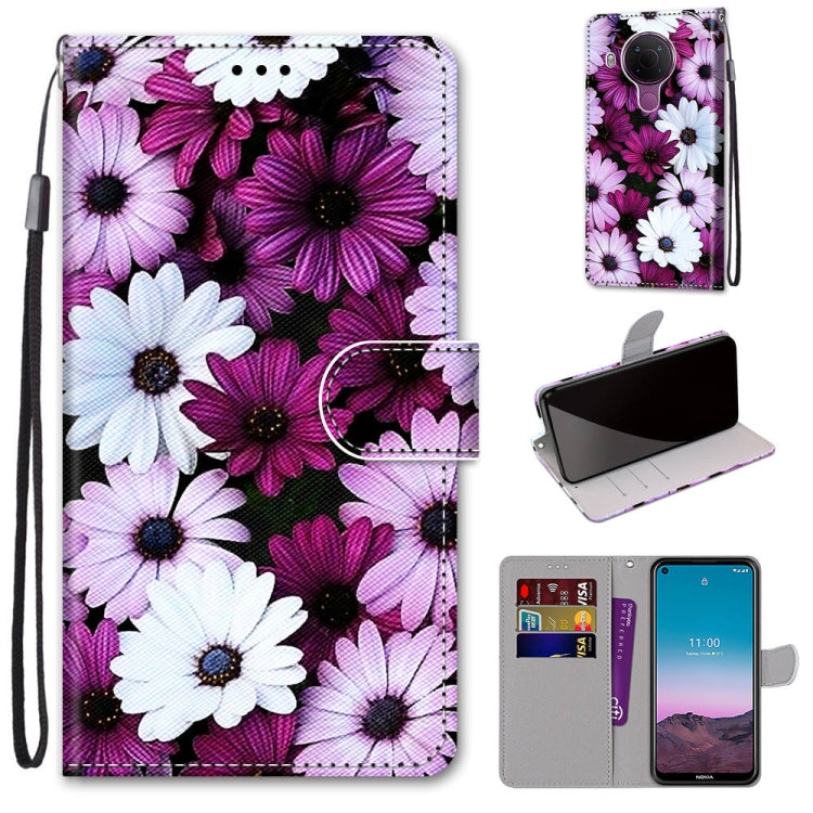 Purple and white flower PU leather phone wallet case with wrist strap, card slots