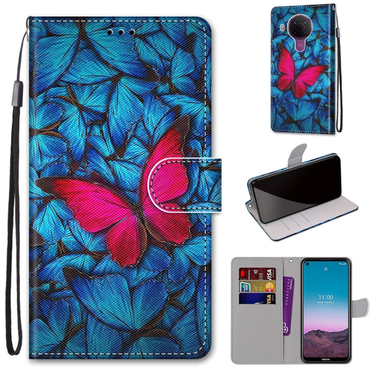 Blue floral leaf PU leather phone wallet case with wrist strap, card slots, flip cover