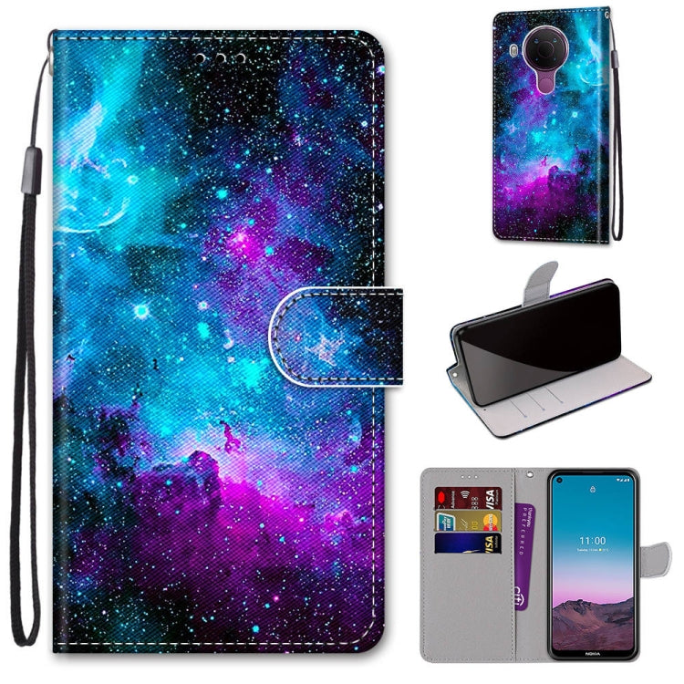 Galaxy night sky PU leather phone wallet case with wrist strap, card slots, flip cover