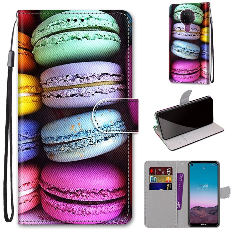PU leather flip phone case with card slots and wrist strap, colorful macarons pattern