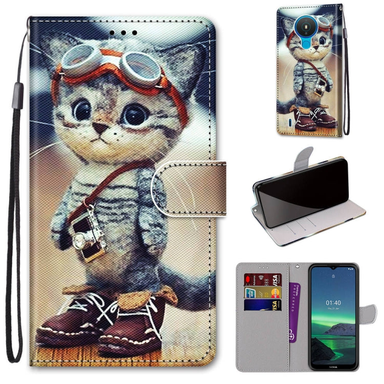 PU leather flip phone wallet case with cat pattern, card holder and wrist strap.