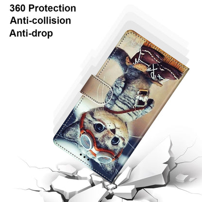 PU leather flip phone wallet case with cat graphic, round card slot and wrist strap.