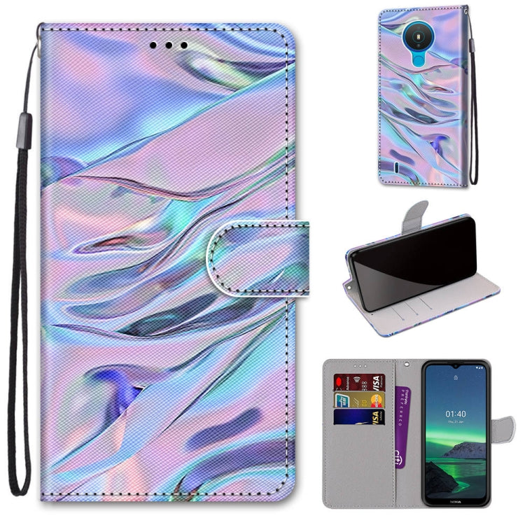 PU leather flip phone wallet case with iridescent wave pattern, card holder and wrist strap.