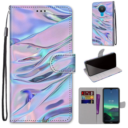 PU leather flip phone wallet case with iridescent wave pattern, card holder and wrist strap.