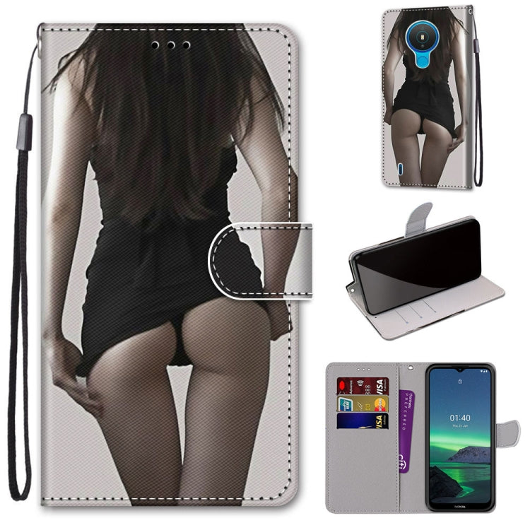 PU leather flip phone wallet case with black-and-white figure graphic and wrist strap.