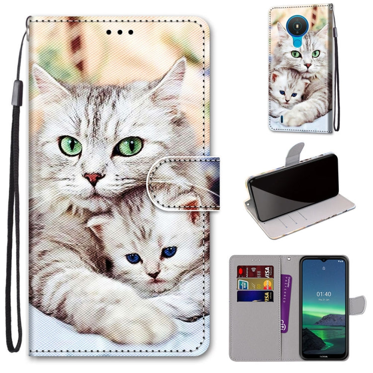 Faux leather phone wallet case with cat print, card slots, folio stand, wrist strap