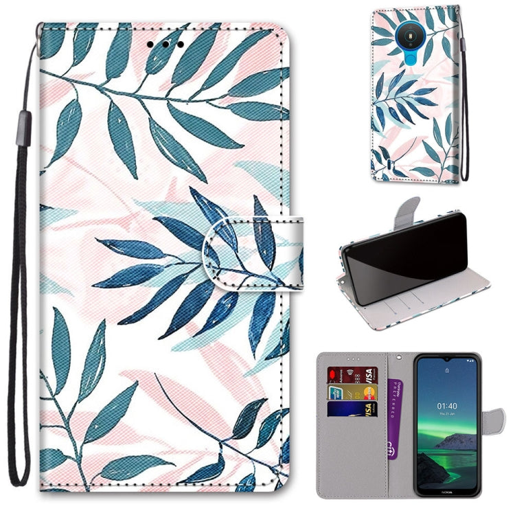 Faux leather phone wallet case with leaf pattern, card slots, folio stand, wrist strap