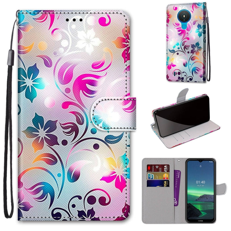 Faux leather phone wallet case with colorful floral swirl print, card slots, wrist strap