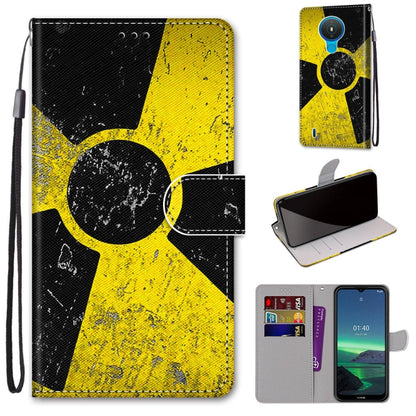 Faux leather phone wallet case with black and yellow graphic, card slots, wrist strap