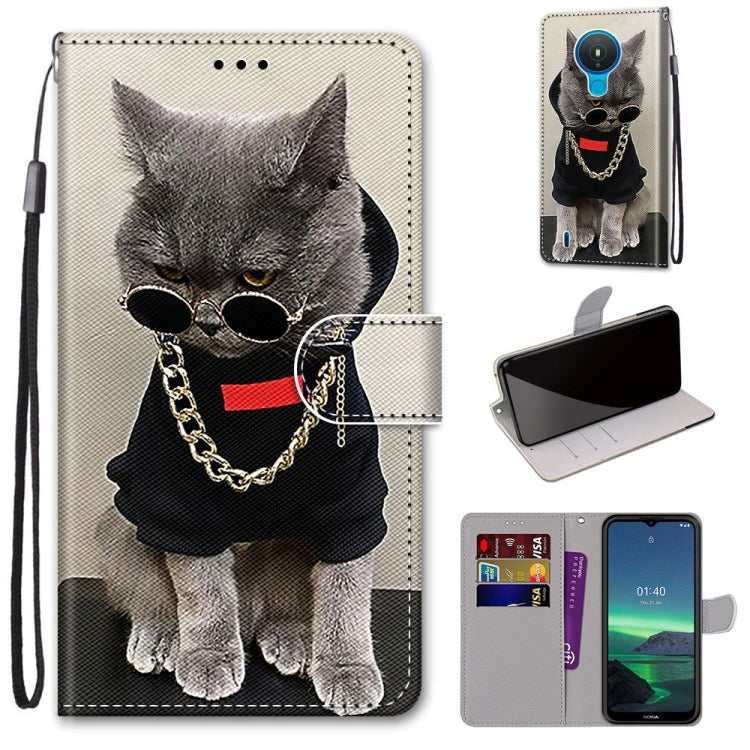 Faux leather phone wallet case with cat portrait wearing sunglasses, card slots, wrist strap