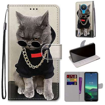 Faux leather phone wallet case with cat portrait wearing sunglasses, card slots, wrist strap