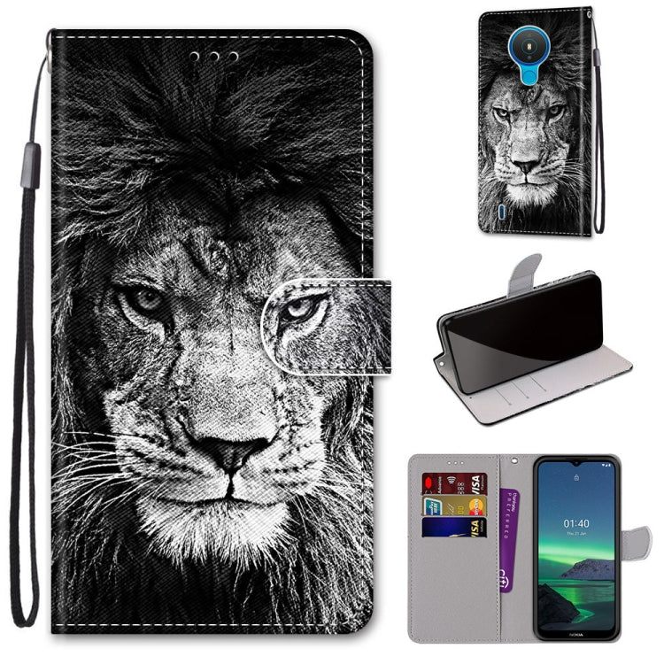 Faux leather phone wallet case with black lion face print, card slots, wrist strap