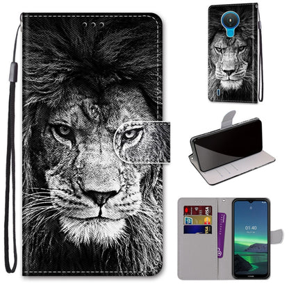 Faux leather phone wallet case with black lion face print, card slots, wrist strap