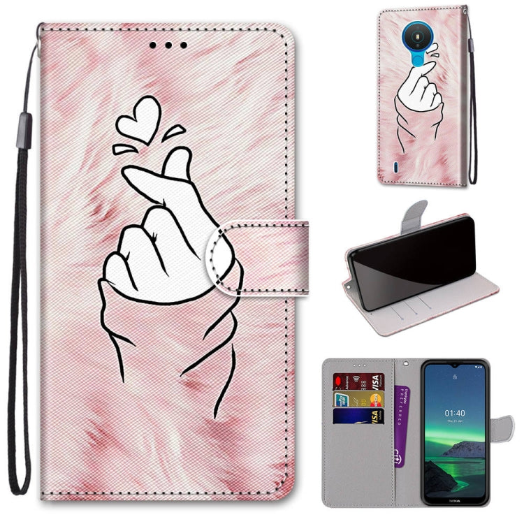 Faux leather phone wallet case with hand holding heart sketch, card slots, wrist strap