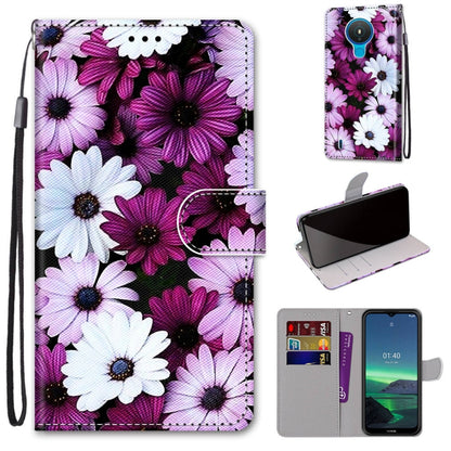 Faux leather phone wallet case with purple and white flower print, card slots, wrist strap
