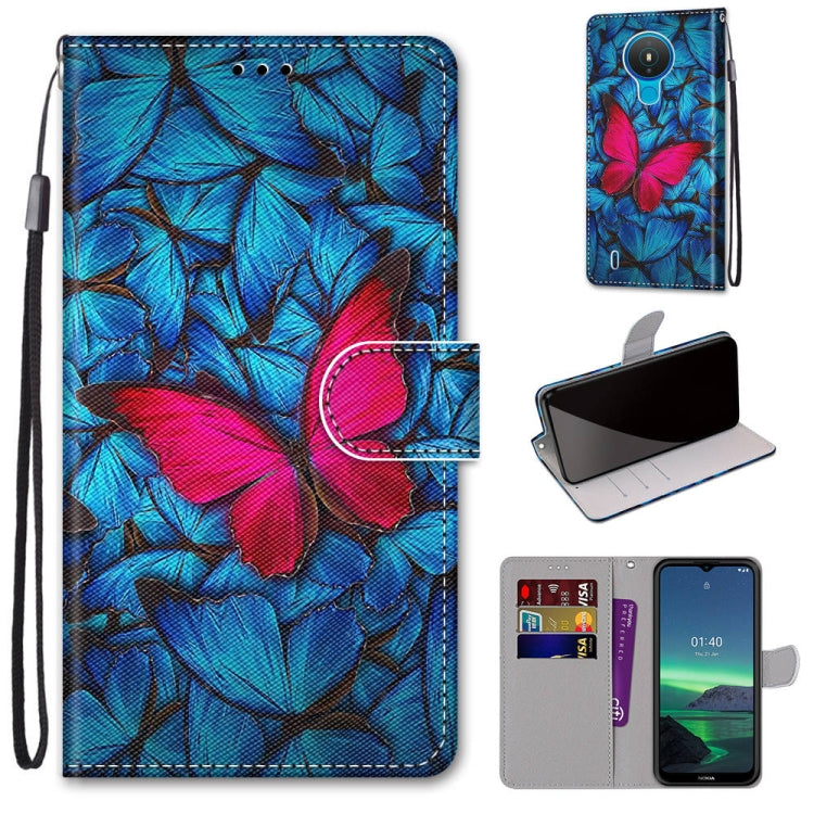 Faux leather phone wallet case with blue leaf and pink butterfly design, card slots, wrist strap