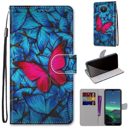 Faux leather phone wallet case with blue leaf and pink butterfly design, card slots, wrist strap