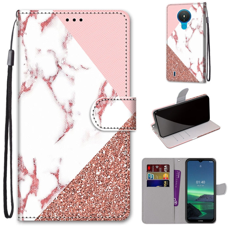 PU leather phone wallet case with flip cover and lanyard, white and glitter rose design
