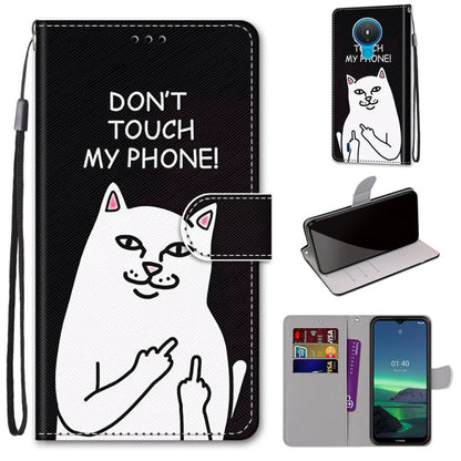 PU leather phone wallet case with flip cover and lanyard, black with cat graphic