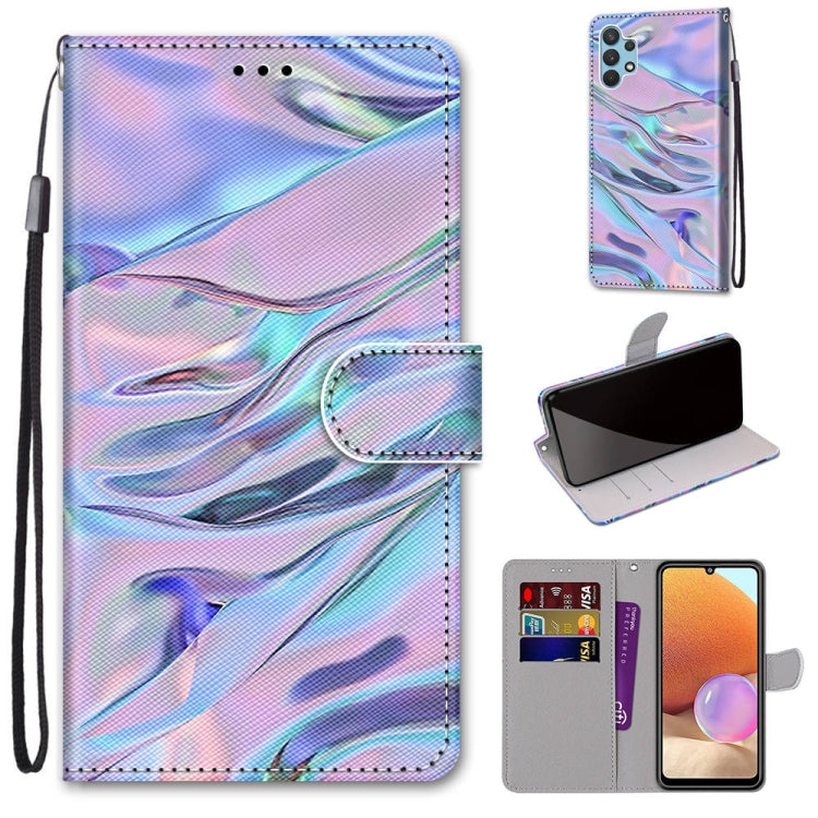 PU leather phone wallet case with flip cover and lanyard, iridescent marble swirl pattern