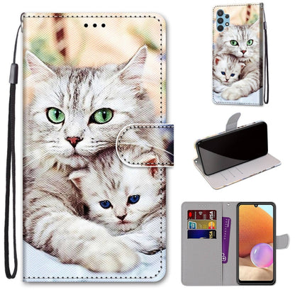 Cat PU leather flip wallet phone case with card slots and wrist strap, white and beige
