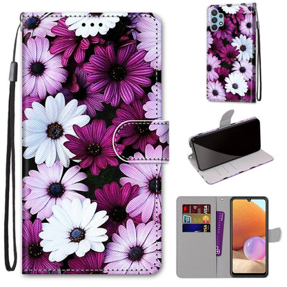 Purple and white daisy PU leather flip wallet phone case with card slots and wrist strap