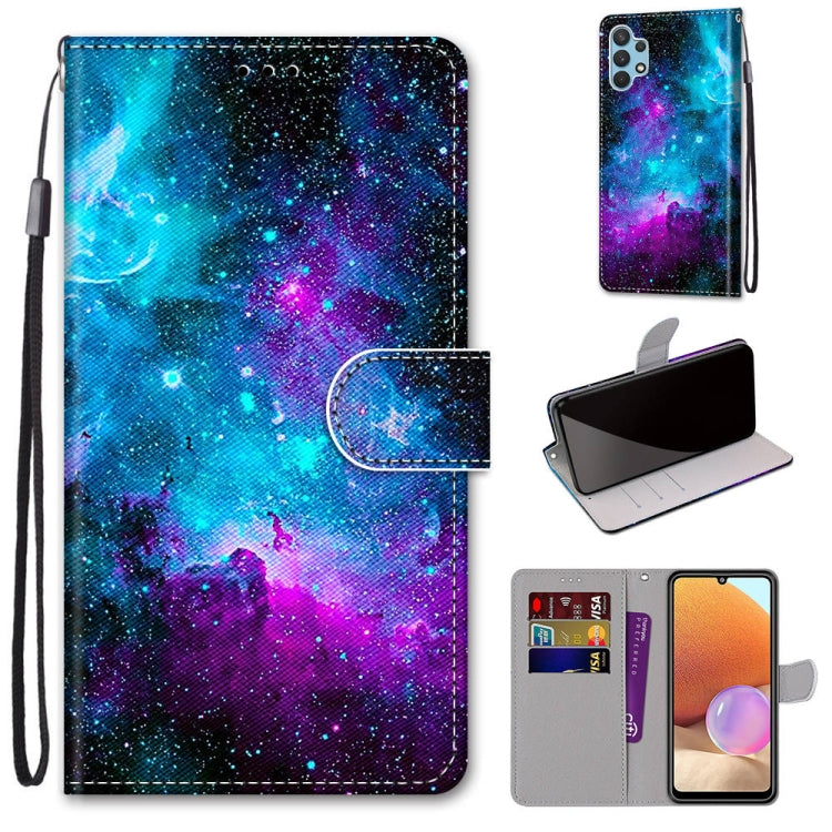 Flip PU leather phone wallet case with card slots and lanyard, galaxy blue-purple pattern.