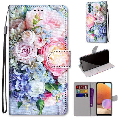 Flip PU leather phone wallet case with card slots and lanyard, pink and blue floral bouquet.