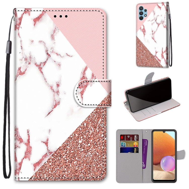 Flip PU leather phone wallet case with card slots and lanyard, pink glitter and white marble design.