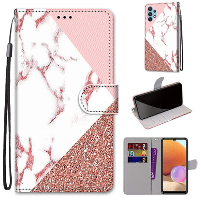 Flip PU leather phone wallet case with card slots and lanyard, pink glitter and white marble design.