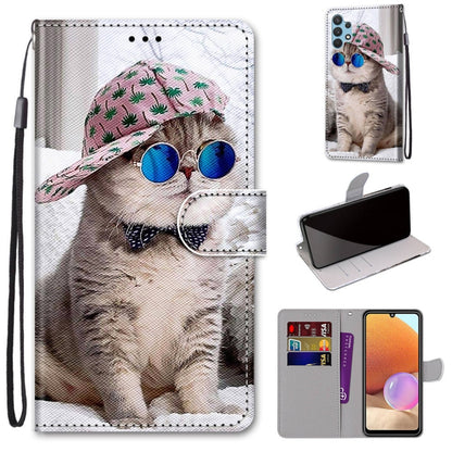Flip PU leather phone wallet case with card slots and lanyard, cat portrait with sunglasses.