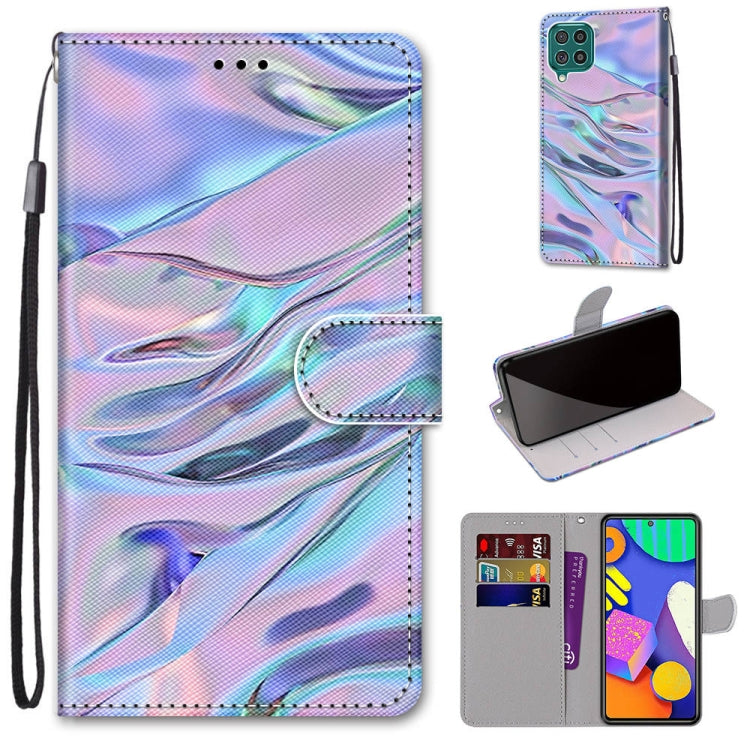 Flip PU leather phone wallet case with card slots and lanyard, blue and pink swirling wave design.