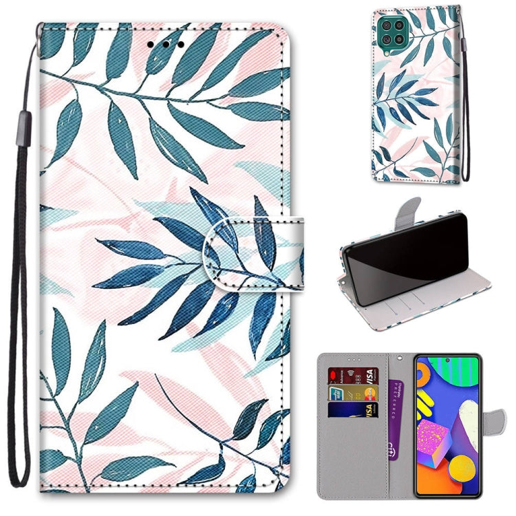 PU leather phone wallet case with teal leaf print, flip cover, card slots, and wrist strap