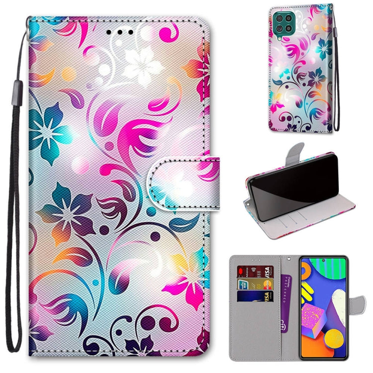 PU leather phone wallet case with colorful floral swirl print, flip cover, card slots, and wrist strap