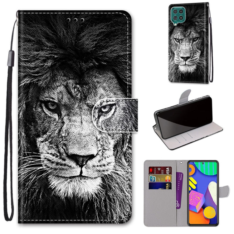 PU leather phone wallet case with black lion face print, flip cover, card slots, and wrist strap